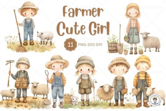 Cute Farmer Girl Watercolor Clipart for Embroidery Projects