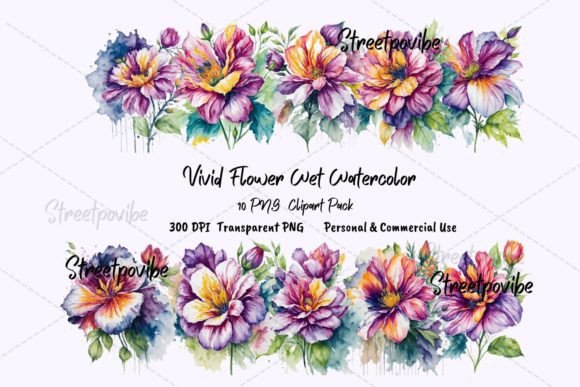 Flower Wet Watercolor Clipart PNGs Pack for Branding & Marketing