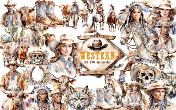 h1Western Watercolor Clipart Bundle PNG for Real Design Projects/h1