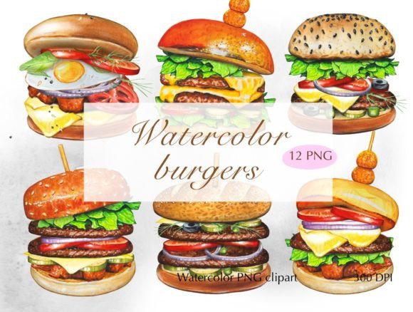 Hand-Drawn Burgers Watercolor Clipart for Branding and Creative Projects