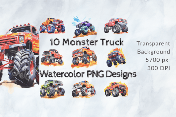 Monster Truck Watercolor Clipart PNG Set