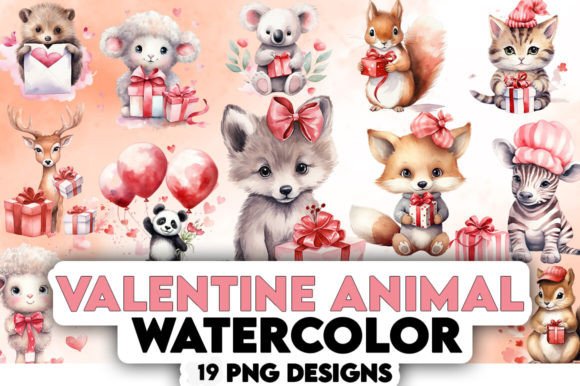 Valentine Day Watercolor Animals Illustrations for Crafters & Small Business Designers