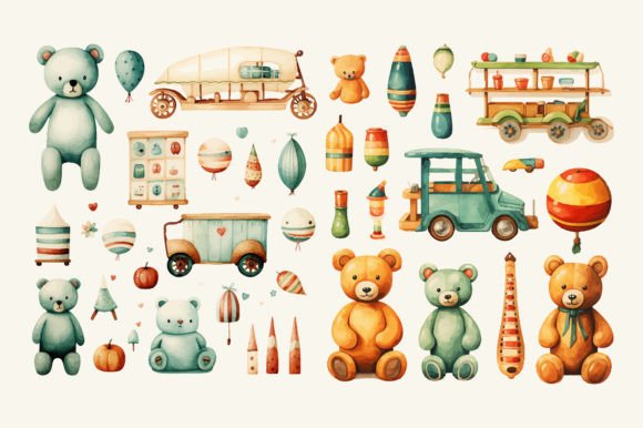 Vintage Old Toys Watercolor Clipart PNG: A Designer’s Review for Branding and Visual Projects