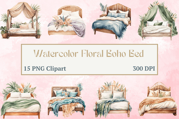 Watercolor Cozy Floral Boho Bed Clipart for Branding & Marketing Visuals