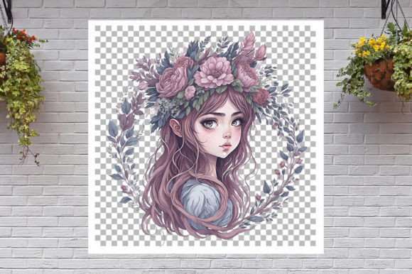 Watercolor Illustration of a Cute Girl with Floral Wreath