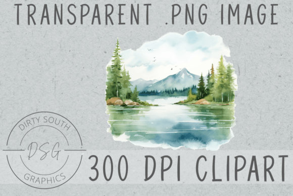 Watercolor Lake Scene Mountains Illustrations for Creative Sellers
