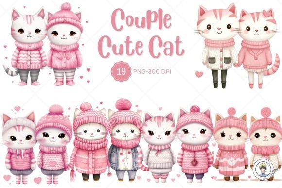 Watercolor Pink Couple Cute Cat Clipart for Local Branding & Packaging
