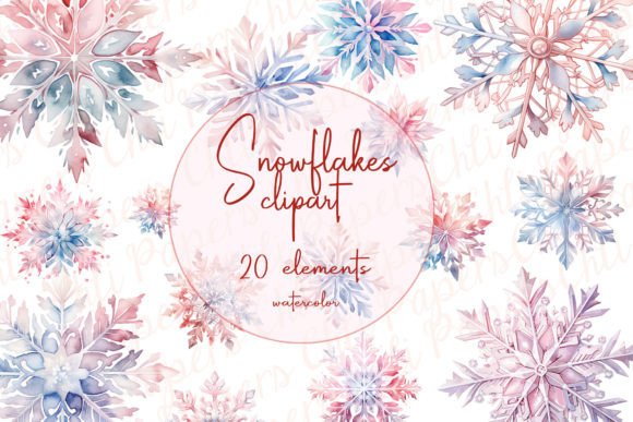 Watercolor Snowflakes Clipart Pink