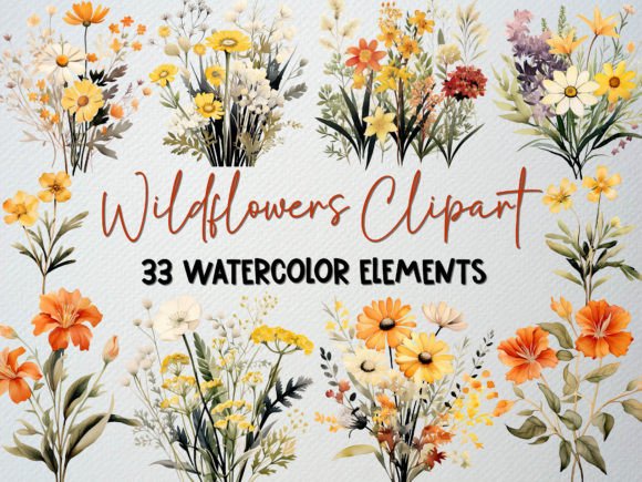 Watercolor Wildflower Clipart Set,33 PNG for Real Design Projects