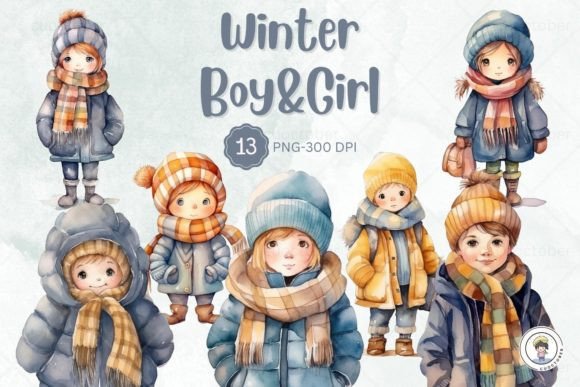 Watercolor Winter Cute Boy and Girl Illustrations for Digital Sellers