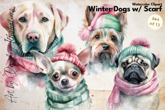 Watercolor Winter Dogs in Scarves: Cozy Illustrations for Crafters & Etsy Sellers