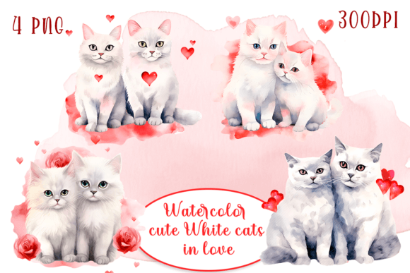 White Cats in Love Watercolor Clipart for Crafting & Handmade Business Use